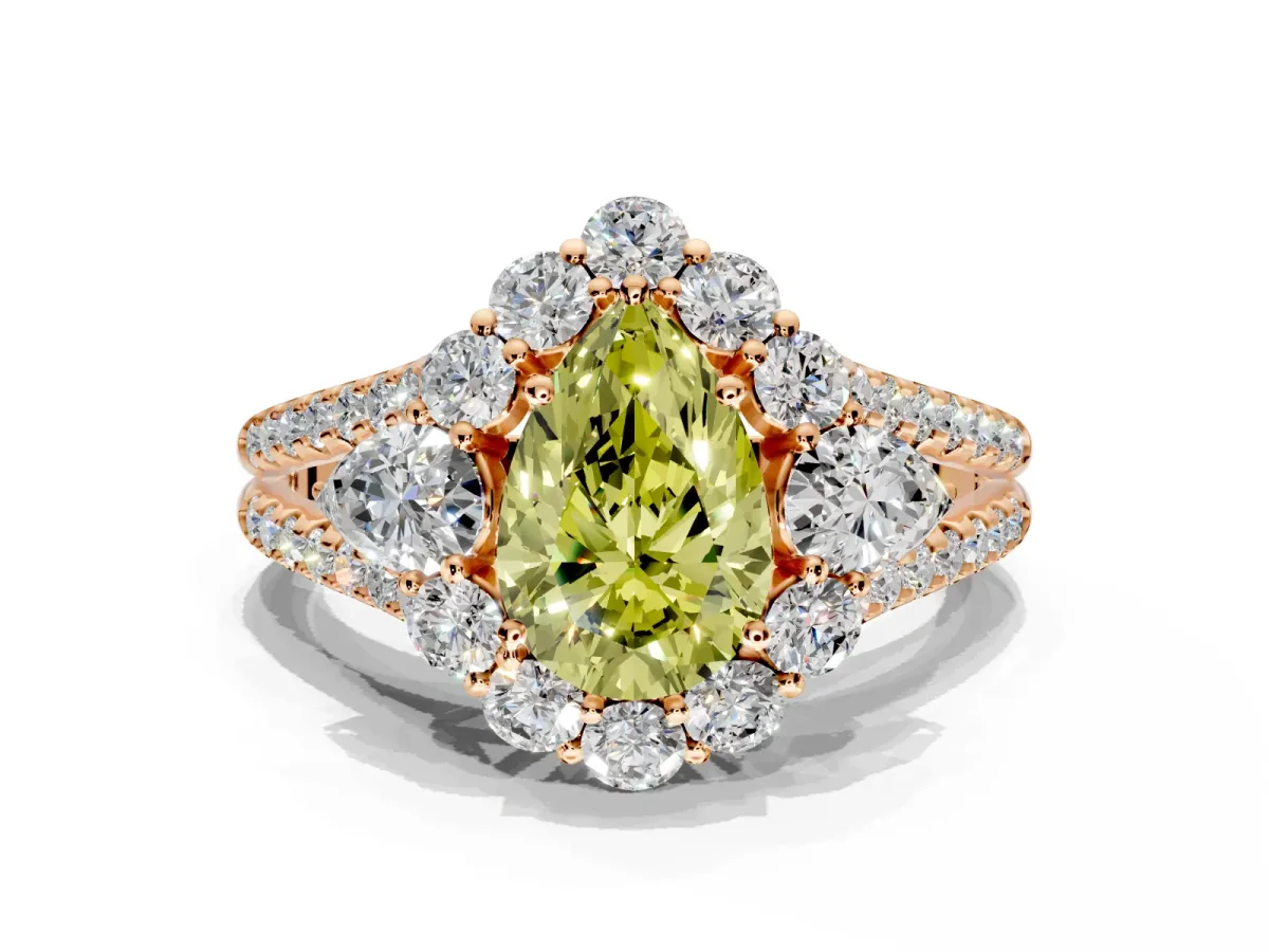 Halo Engagement Ring Setting for Fancy Yellow Pear-Shaped Center with Two-Strand Split Shank and Prong Head in Rose Gold