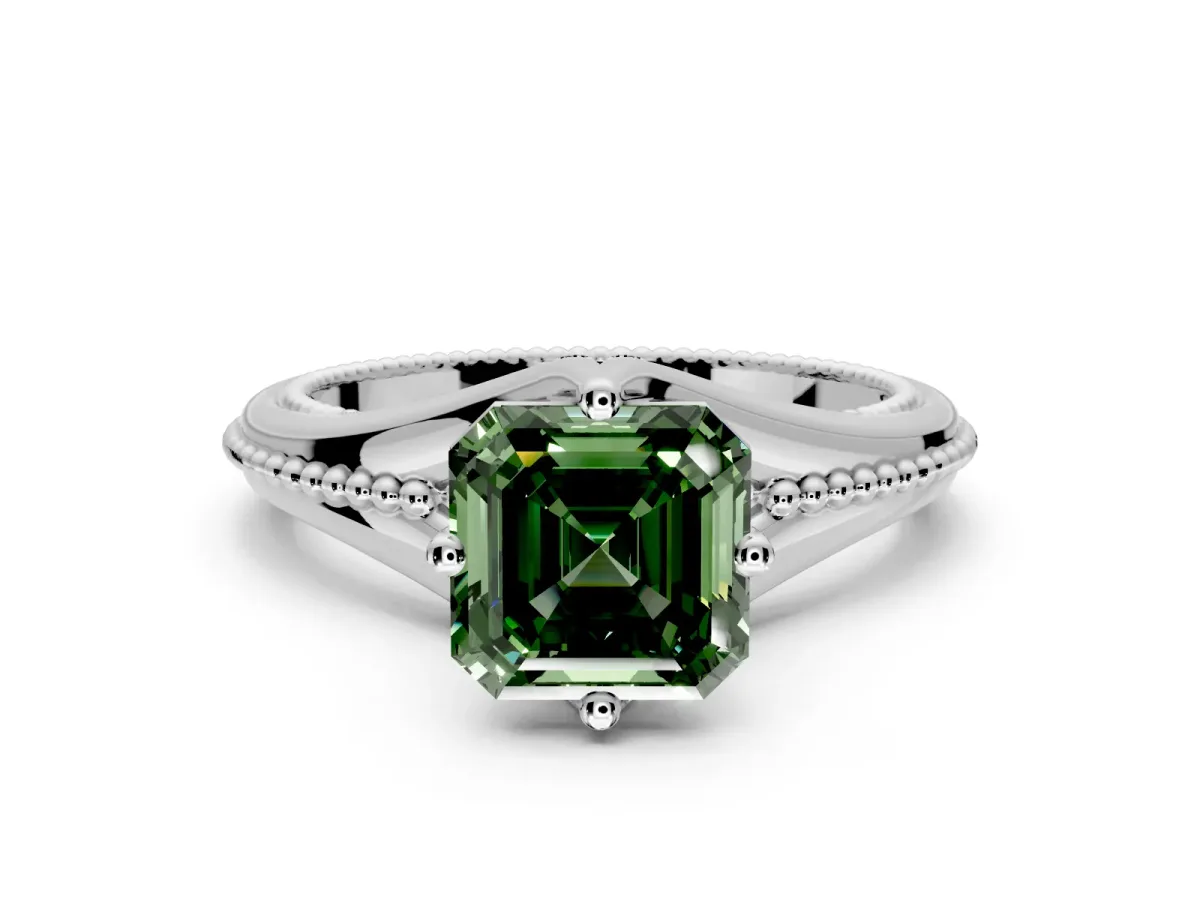 Solitaire Engagement Ring Setting for Fancy Green Asscher Cut Center with Milgrain Cathedral Band and Prong Head in Platinum