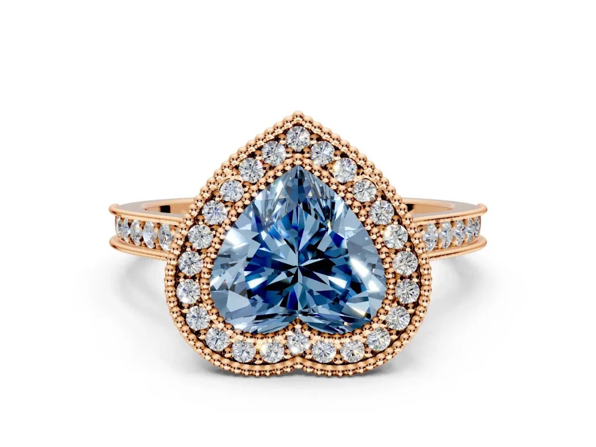 Halo Engagement Ring Setting for Fancy Blue Heart-Shaped Center with Milgrain Pave Band and Bezel Head in Rose Gold