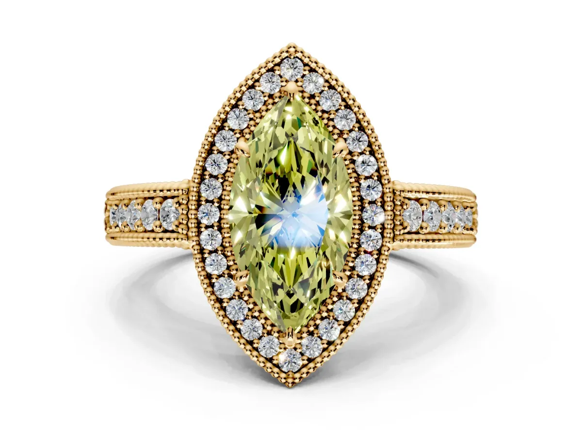 Milgrain Halo Engagement Ring Setting for Fancy Yellow Marquise Center with Pave Band and Prong Head in Yellow Gold