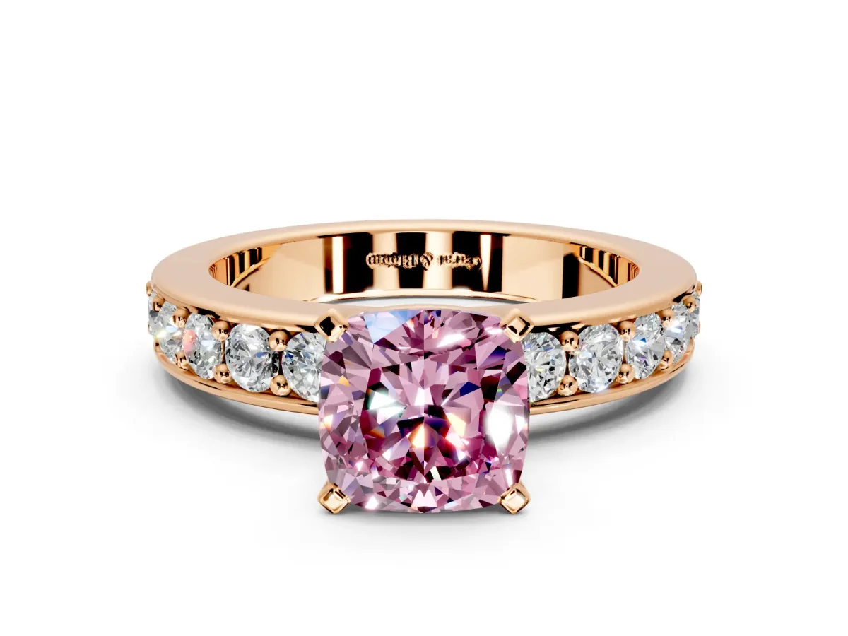 Solitaire Engagement Ring Setting for Fancy Pink Cushion Cut Center with Channel-Set Accents and Prong Head in Rose Gold