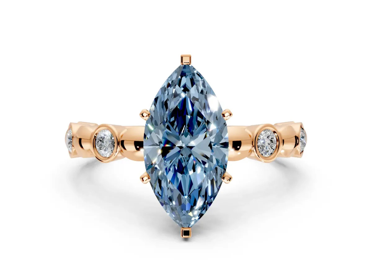 Solitaire Engagement Ring Setting for Fancy Blue Marquise Center with Beaded Bezel Station Band and Prong Head in Rose Gold
