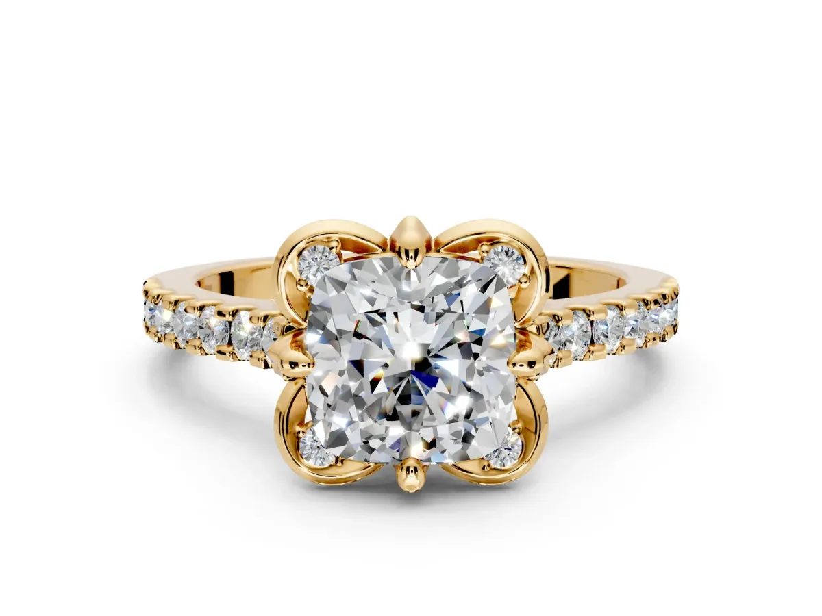 Floral Engagement Ring Setting for Cushion Cut Center with Pave Band and Floral Prong Head in Yellow Gold