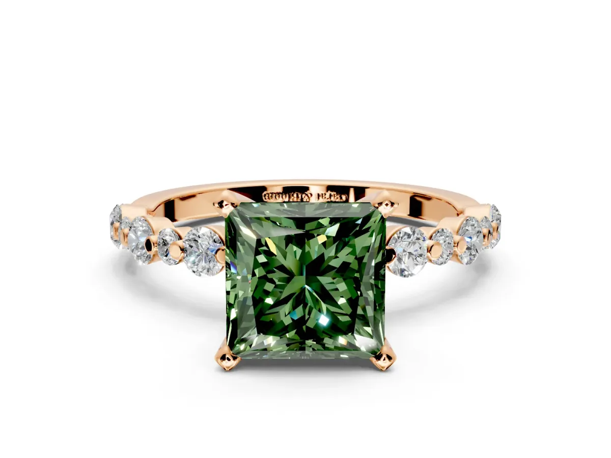 Solitaire Engagement Ring Setting for Fancy Green Princess Cut Center with Alternating Size Accents and Prong Head in Rose Gold