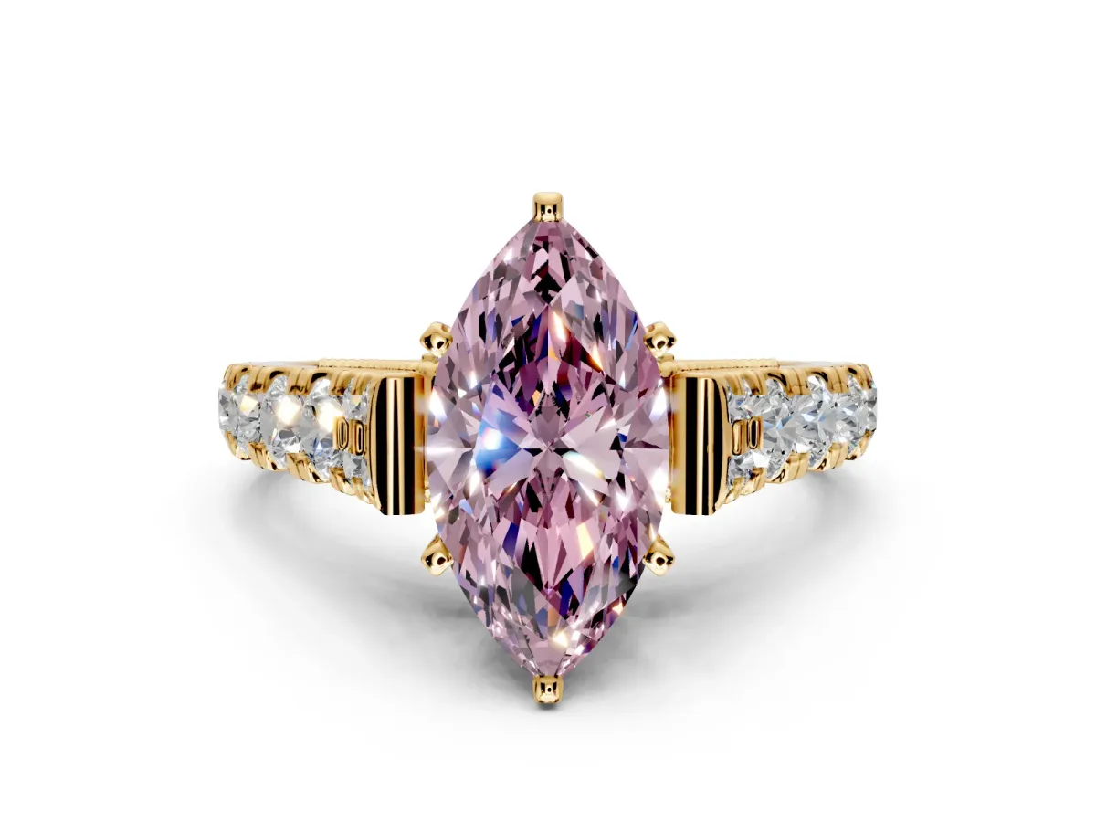 Solitaire Engagement Ring Setting for Fancy Pink Marquise Center with Pave Cathedral Shoulders and Prong Head in Yellow Gold