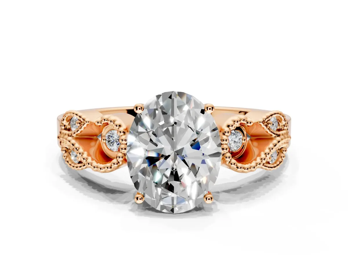 Leaf Engagement Ring Setting for Oval Center with Milgrain Accent Band and Prong Head in Rose Gold