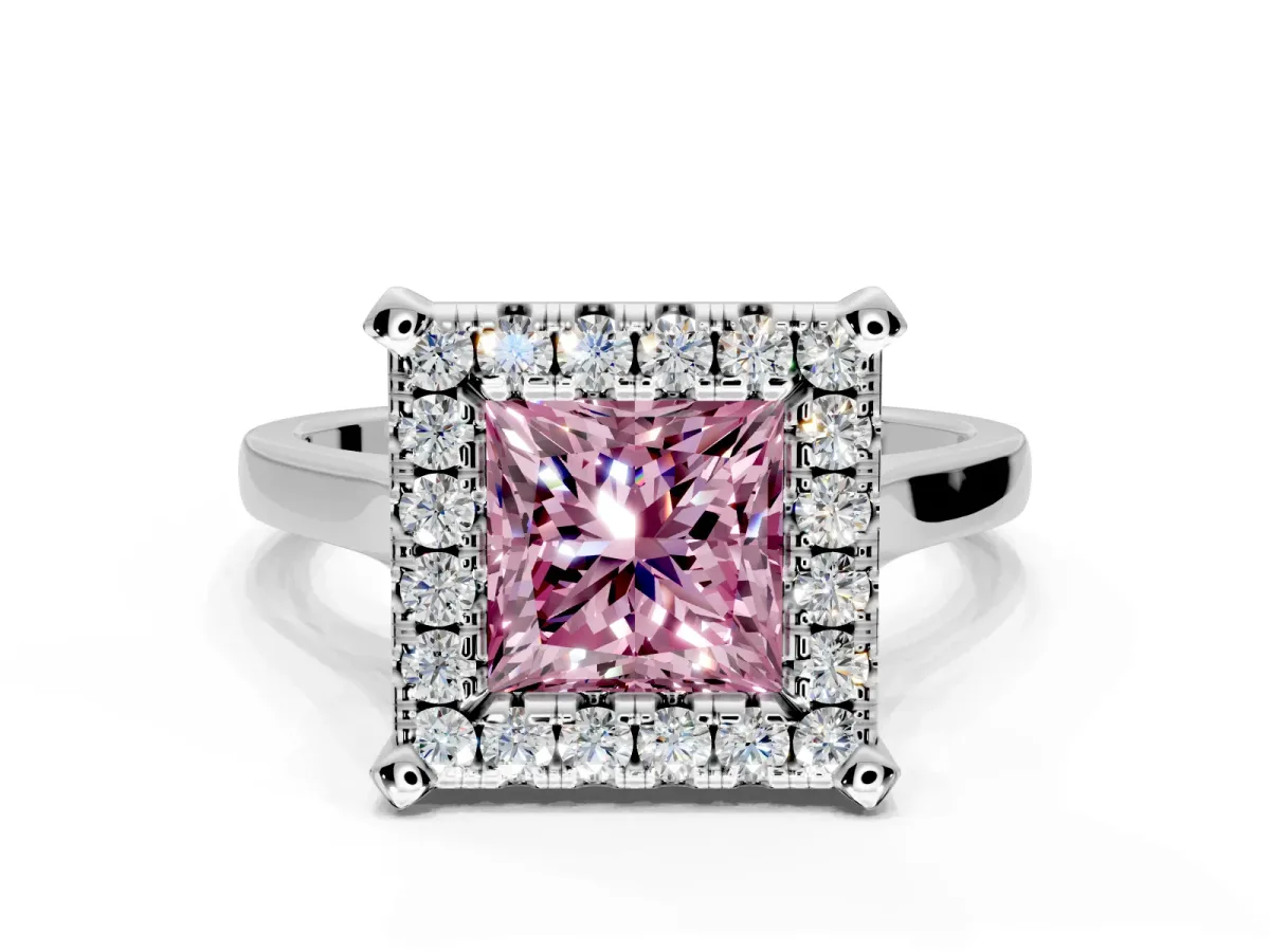 Single Halo Engagement Ring Setting for Fancy Pink Princess Cut Center with Corner Claws, Plain Band and Prong Head in Platinum