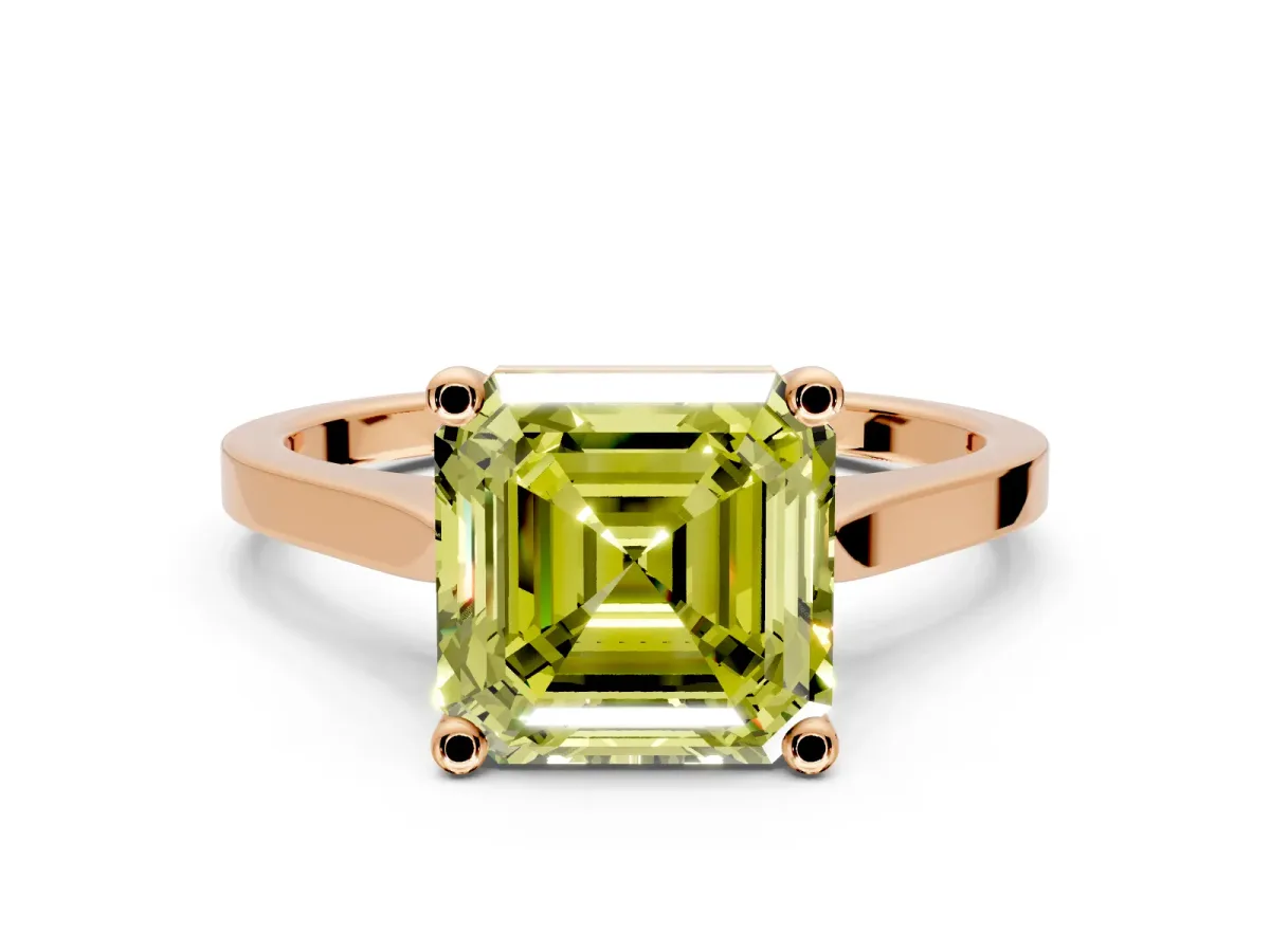 Solitaire Engagement Ring Setting for Fancy Yellow Asscher Cut Center with Tapered Shoulders and Prong Head in Rose Gold