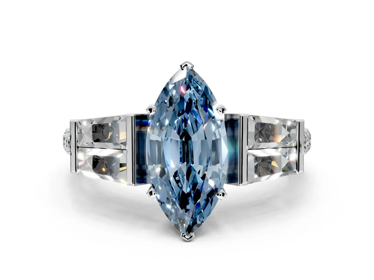 Channel-Set Engagement Ring Setting for Fancy Blue Marquise Center with Baguette Band and Prong Head in Platinum