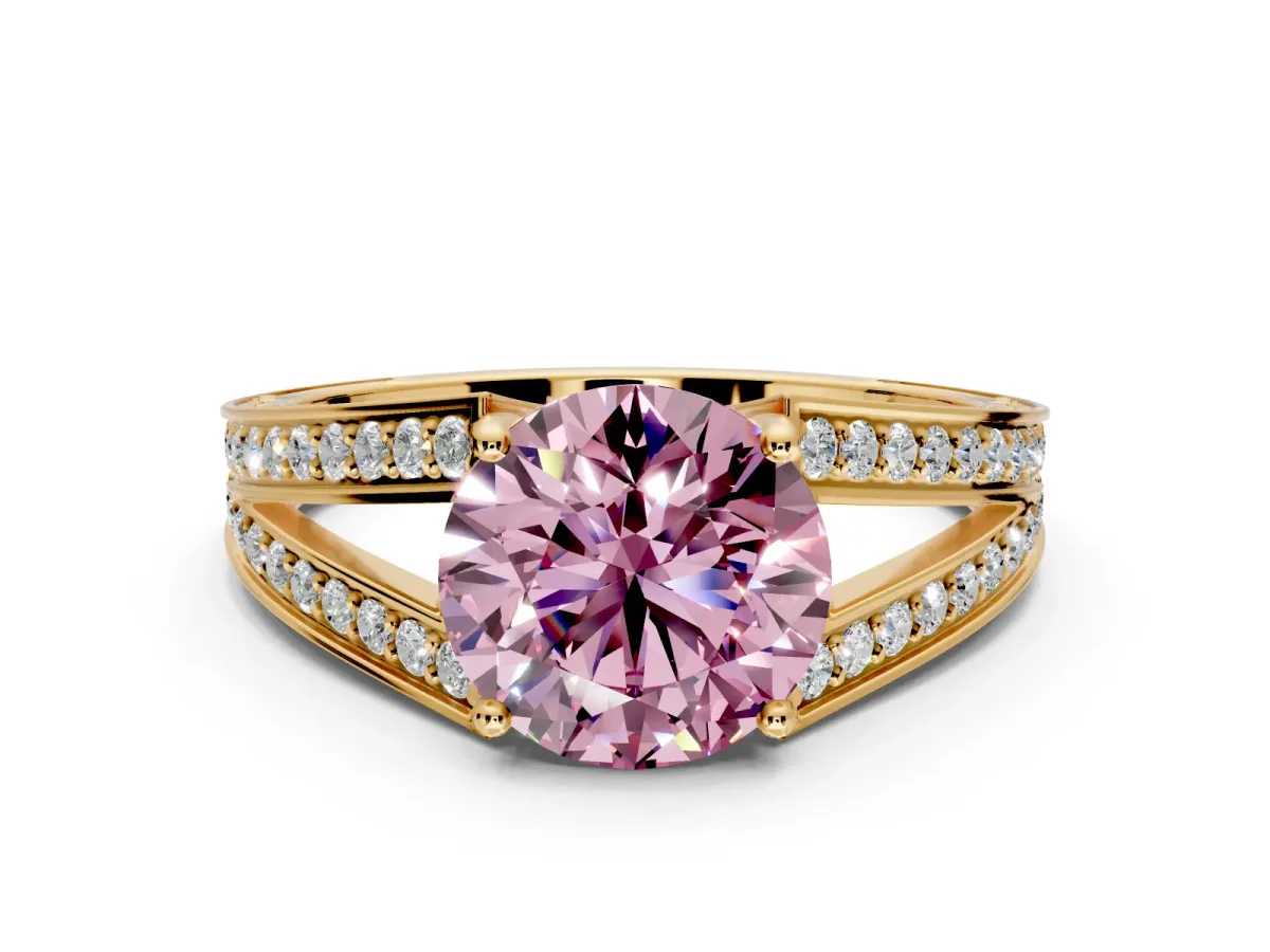 Split Shank Engagement Ring Setting for Fancy Pink Round Cut Center with Pave Split Shank and Prong Head in Yellow Gold