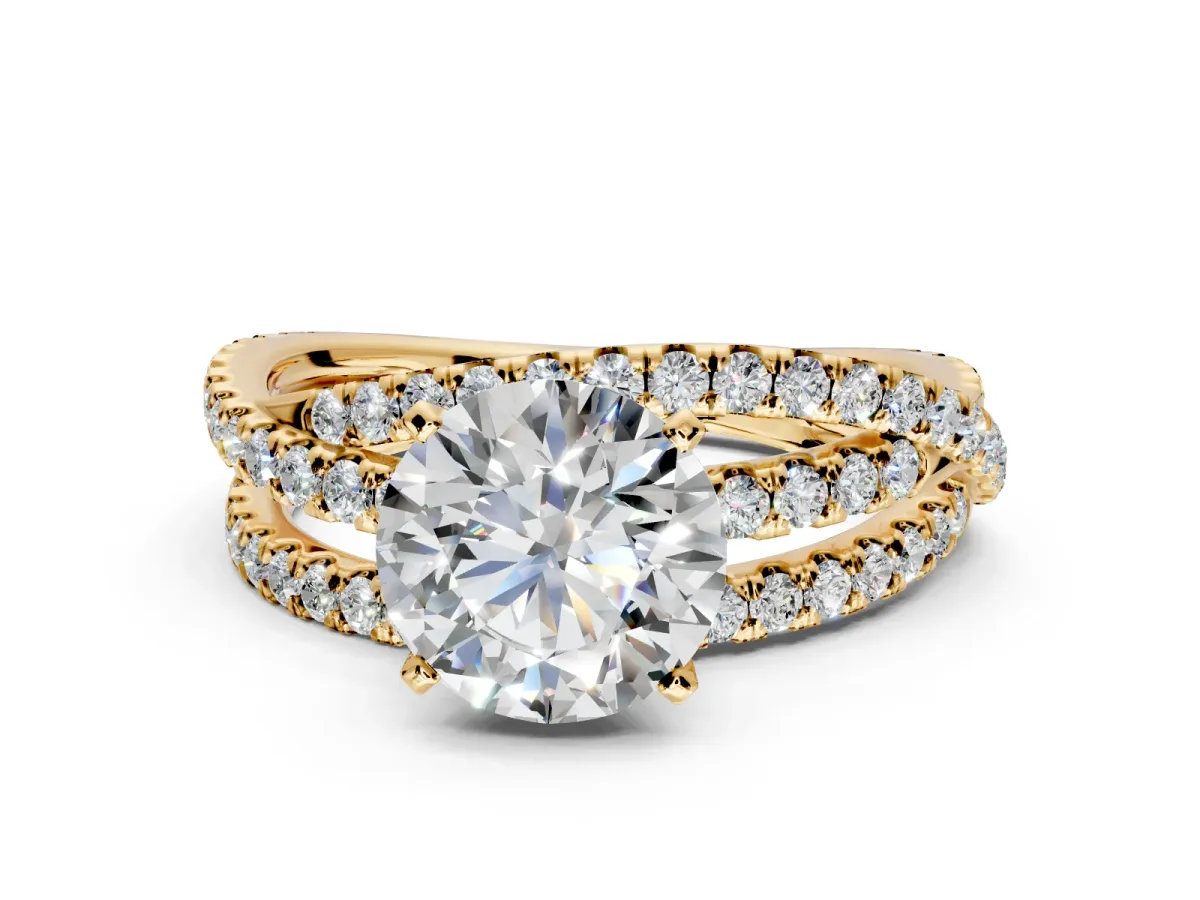 Solitaire Engagement Ring Setting for Round Cut Center with Woven 3-Strand Pave Band and Prong Head in Yellow Gold
