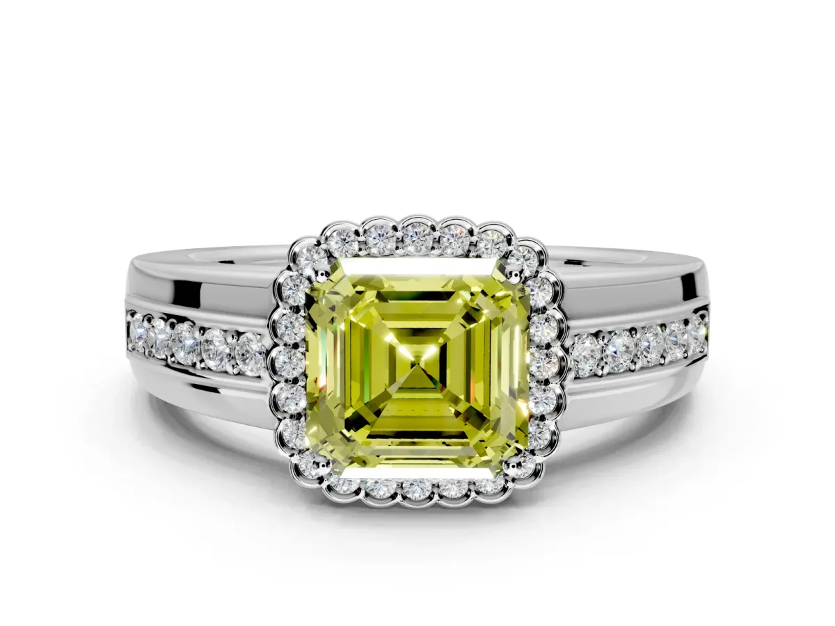 Halo Engagement Ring Setting for Fancy Yellow Asscher Cut Center with Wide Band, Inlaid Accent Row and Prong Head in White Gold