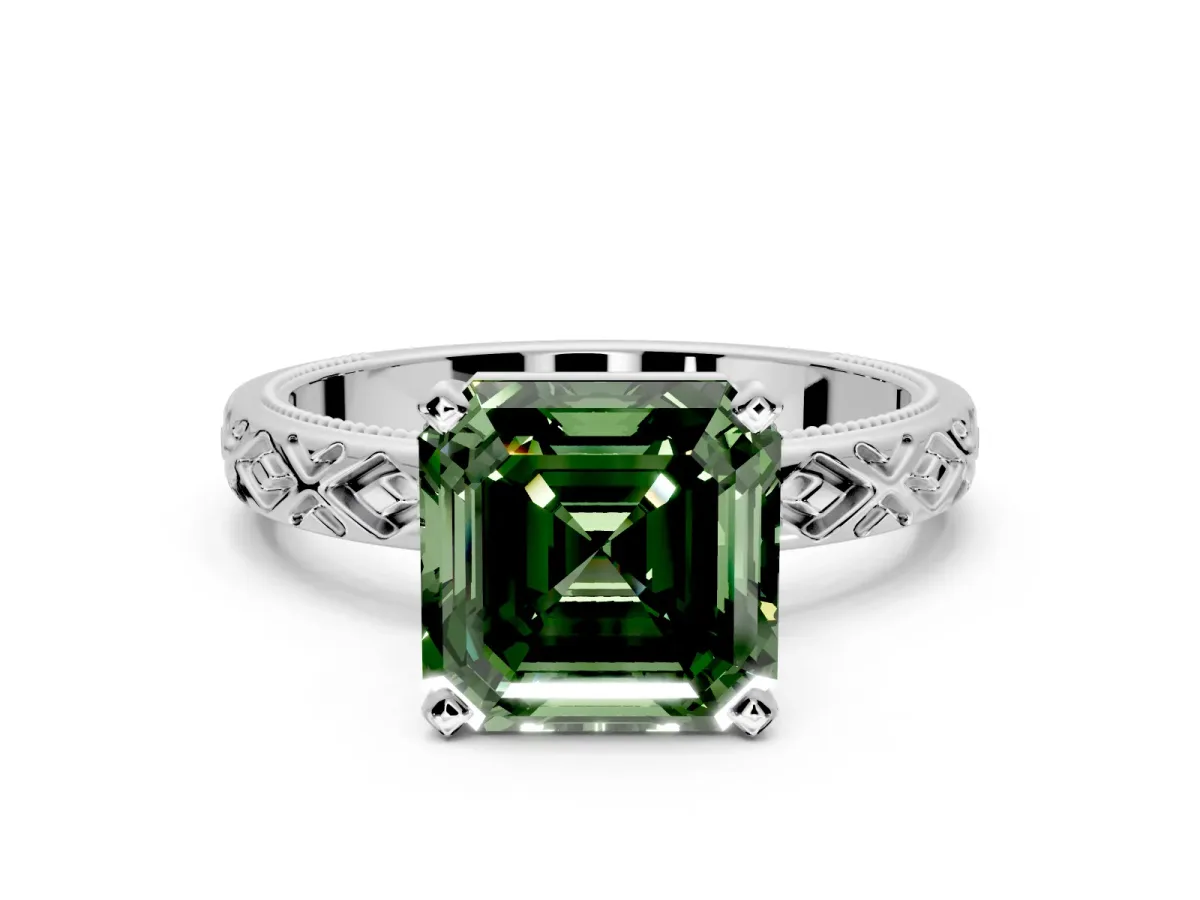 Solitaire Engagement Ring Setting for Fancy Green Asscher Cut Center with Milgrain X Pattern Band and Prong Head in Sterling Silver