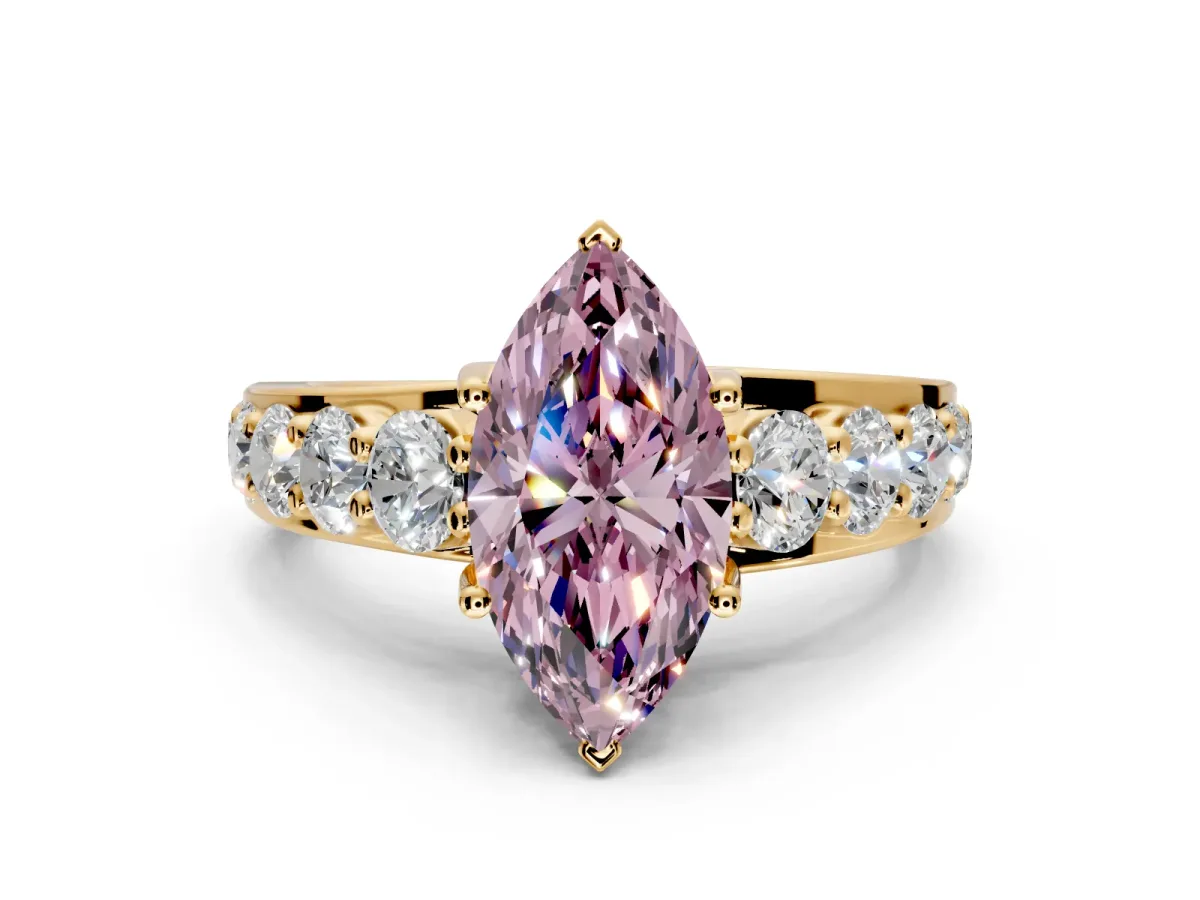 Solitaire Engagement Ring Setting for Fancy Pink Marquise Center with Graduated Shared Prongs and Prong Head in Yellow Gold