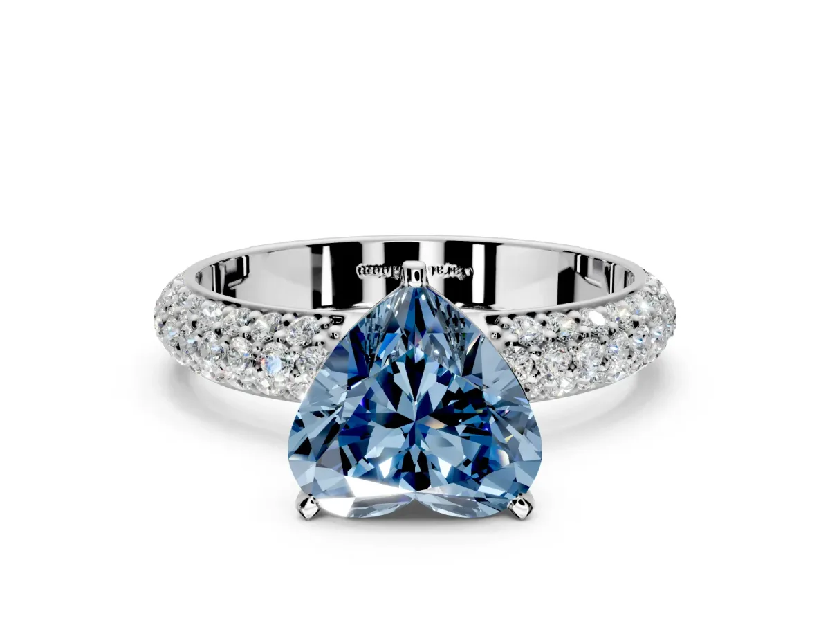 Solitaire Engagement Ring Setting for Fancy Blue Heart-Shaped Center with Domed Multi-Row Pave Band and Prong Head in Platinum