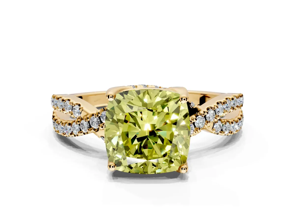 Solitaire Engagement Ring Setting for Fancy Yellow Cushion Cut Center with Narrow Twist Pave Band and Prong Head in Yellow Gold