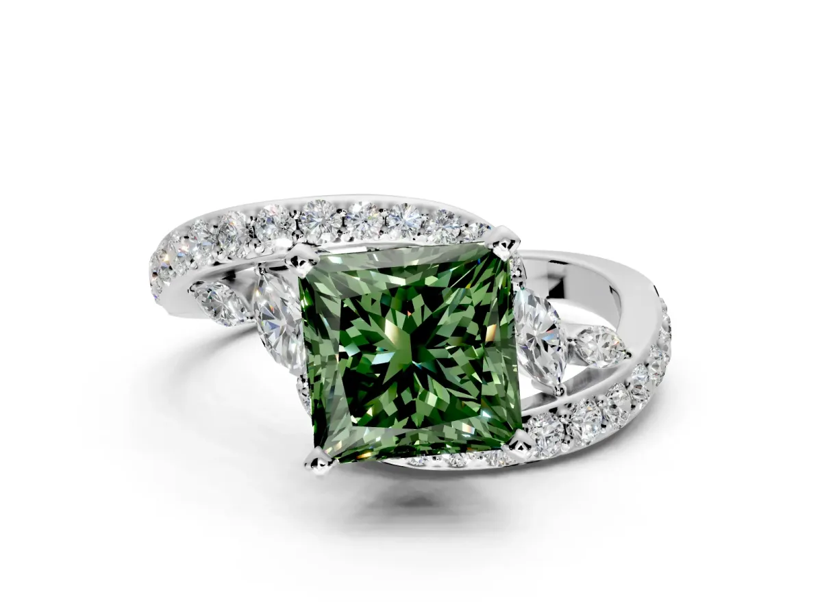 Solitaire Engagement Ring Setting for Fancy Green Princess Cut Center with Pave Bypass Twist Band and Prong Head in Sterling Silver
