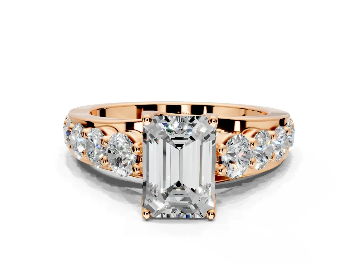 Solitaire Engagement Ring Setting for Emerald Cut Center with Graduated Shared Prongs and Prong Head in Rose Gold