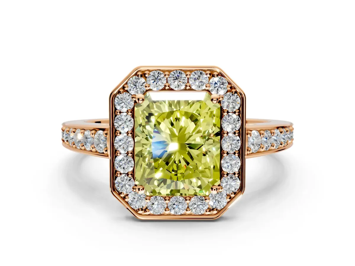 Bezel-Framed Halo Engagement Ring Setting for Fancy Yellow Radiant Cut Center with Pave Band and Prong Head in Rose Gold