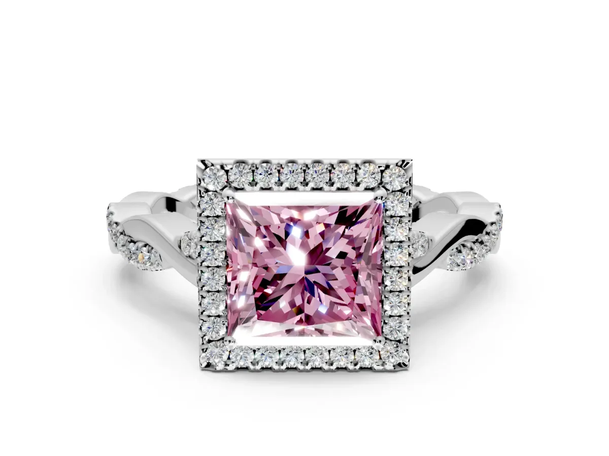 Halo Engagement Ring Setting for Fancy Pink Princess Cut Center with Twist Band and Prong Head in White Gold