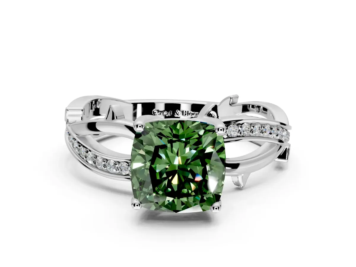 Solitaire Engagement Ring Setting for Fancy Green Cushion Cut Center with Pave and Plain Crossover Band and Prong Head in Sterling Silver