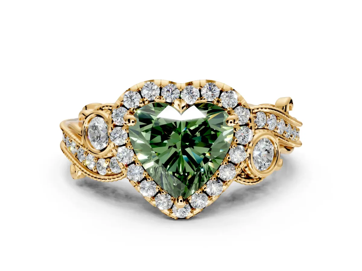 Milgrain Halo Engagement Ring Setting for Fancy Green Heart-Shaped Center with Shoulder Bezels and Prong Head in Yellow Gold