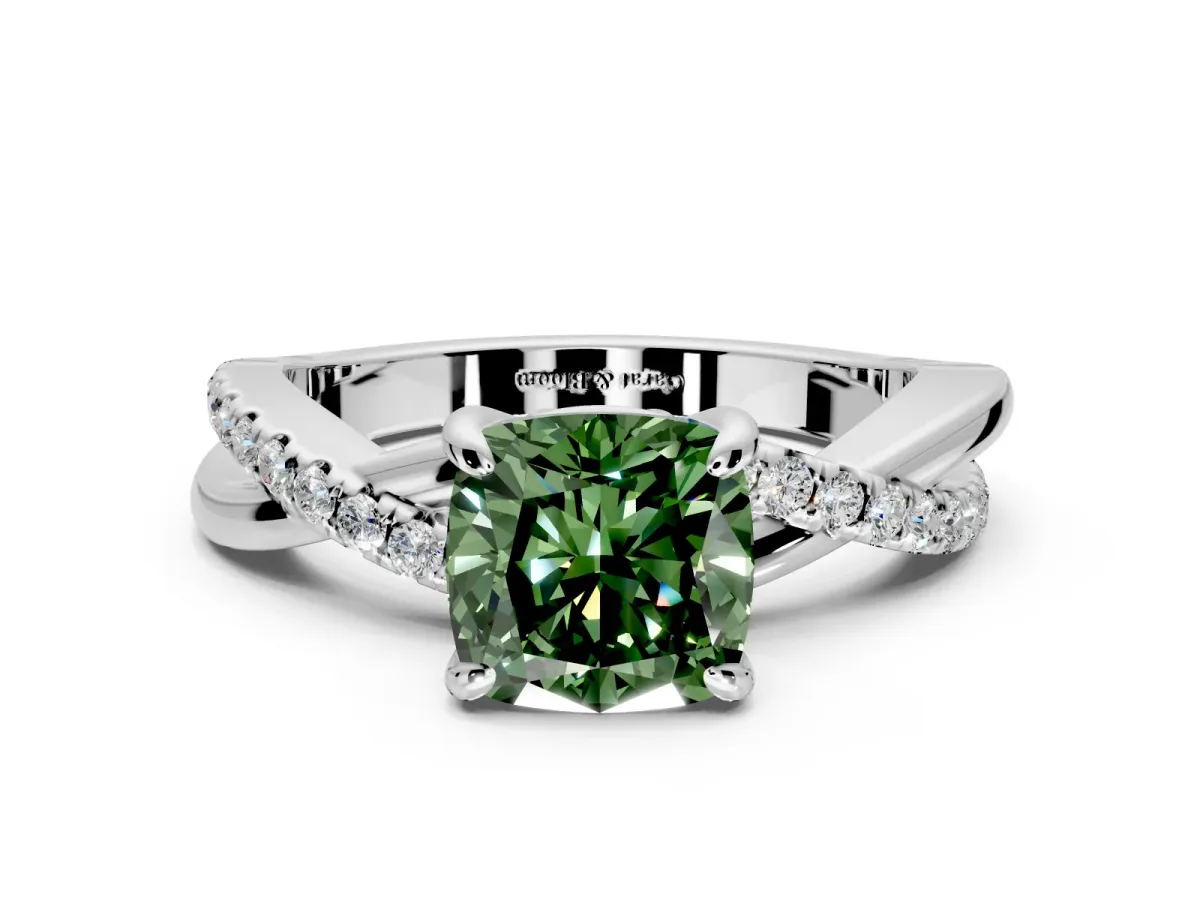 Solitaire Engagement Ring Setting for Fancy Green Cushion Cut Center with Half-Pave Crossover Band and Prong Head in Sterling Silver