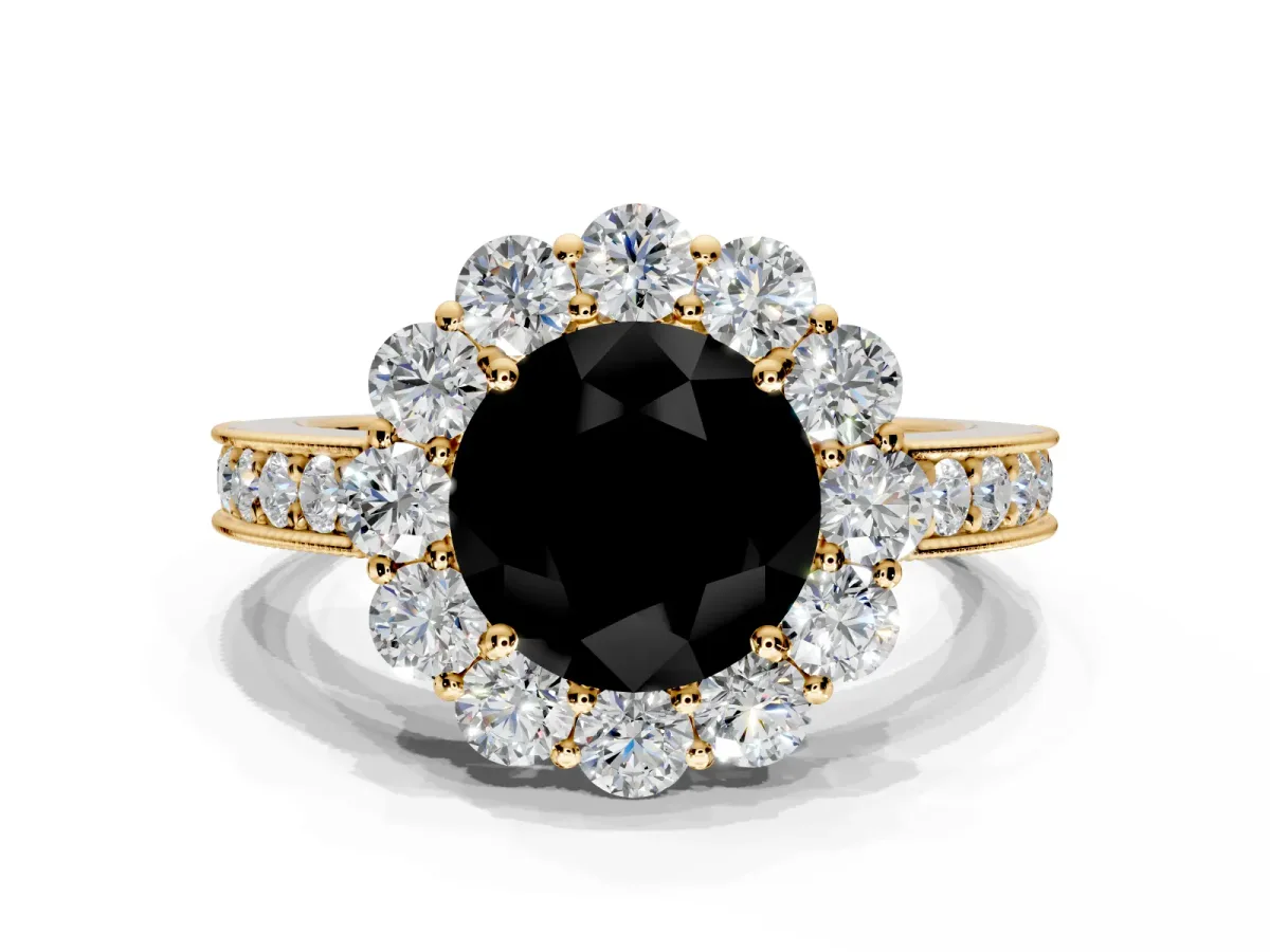Halo Engagement Ring Setting for Fancy Black Round Cut Center with Milgrain Channel Band and Prong Head in Yellow Gold