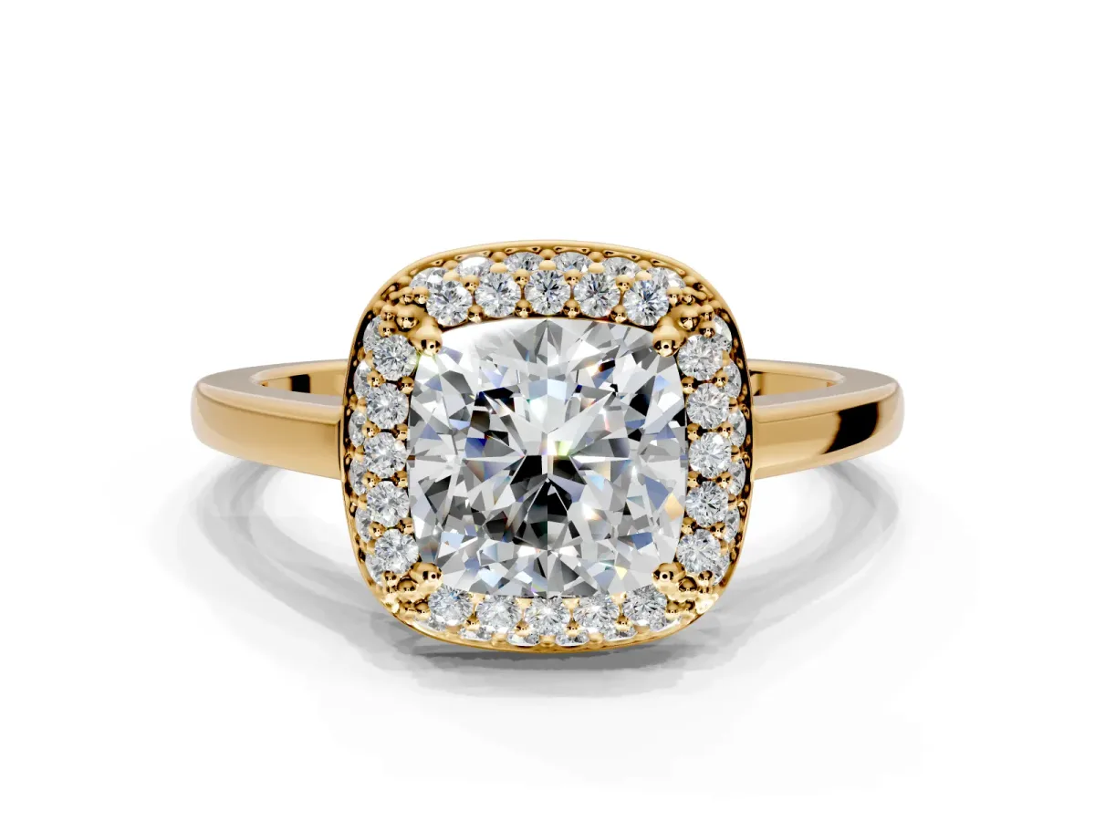 Halo Engagement Ring Setting for Cushion Cut Center with Plain Tapered Band and Prong Head in Yellow Gold