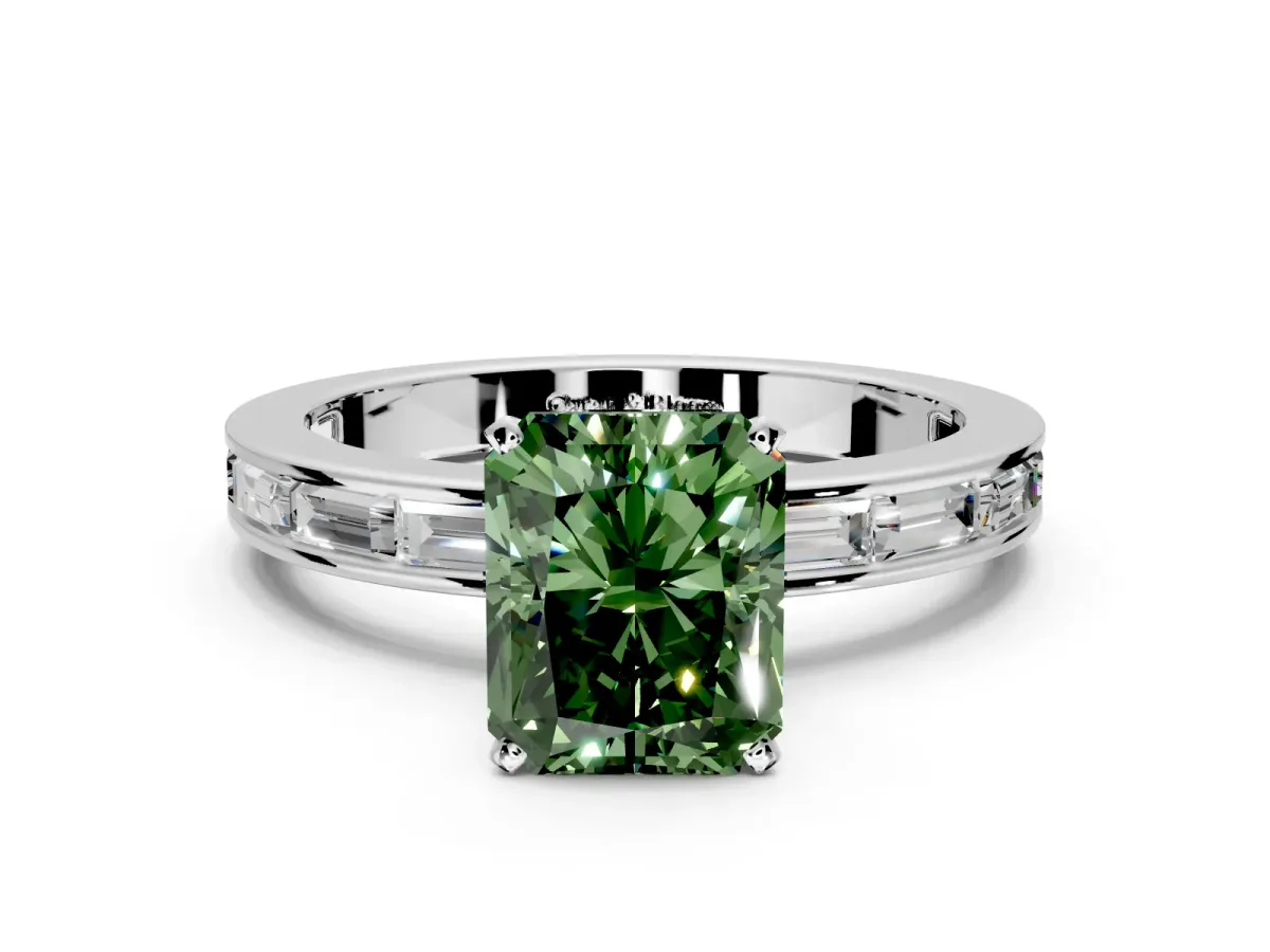 Solitaire Engagement Ring Setting for Fancy Green Radiant Cut Center with Channel Baguette Band and Prong Head in Sterling Silver