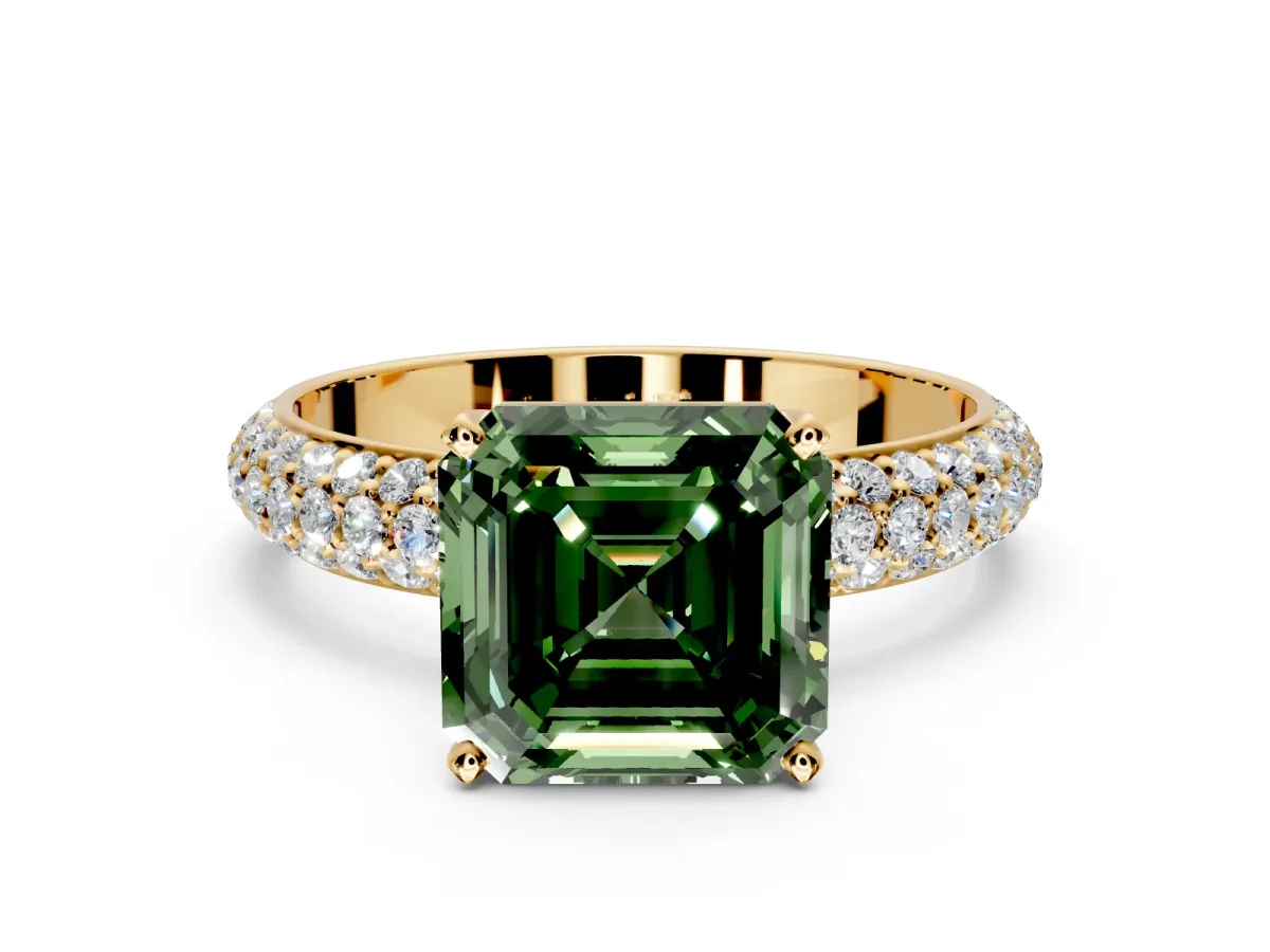 Solitaire Engagement Ring Setting for Fancy Green Asscher Cut Center with Domed Multi-Row Pave Band and Prong Head in Yellow Gold