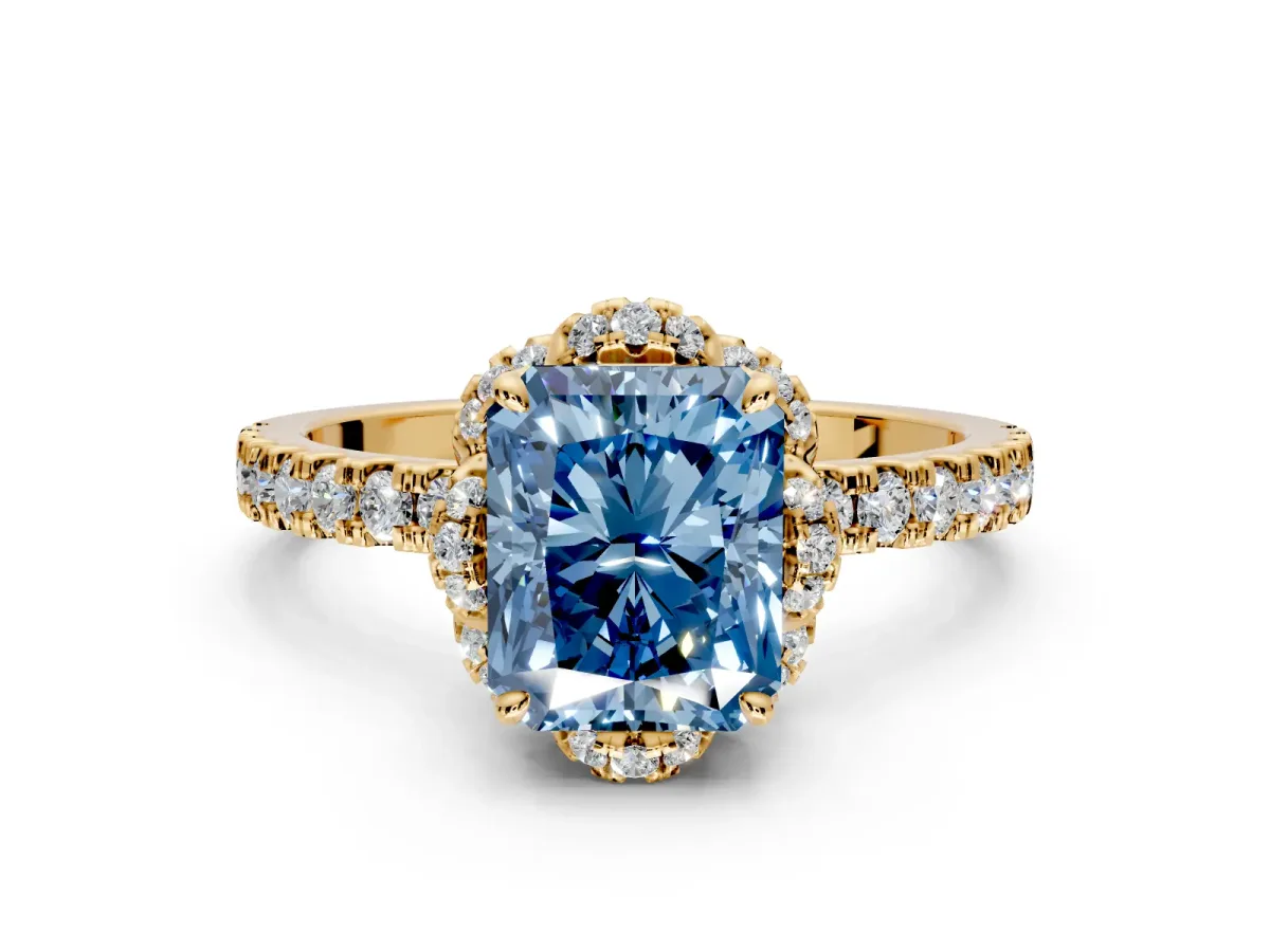 Halo Engagement Ring Setting for Fancy Blue Radiant Cut Center with Openwork Halo, Pave Band and Prong Head in Yellow Gold