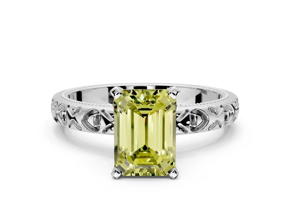 Solitaire Engagement Ring Setting for Fancy Yellow Emerald Cut Center with XO Engraved Band and Prong Head in Sterling Silver