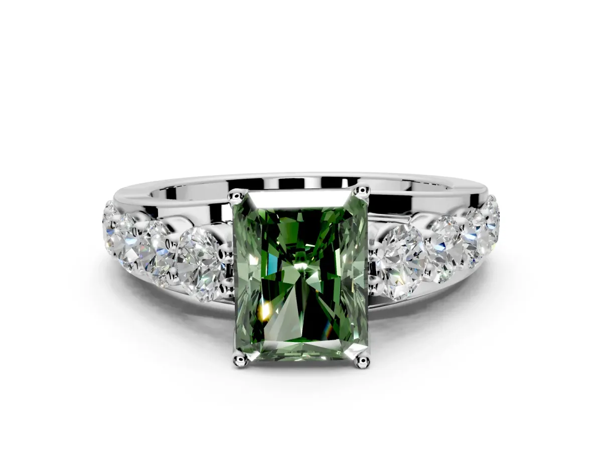 Solitaire Engagement Ring Setting for Fancy Green Radiant Cut Center with Graduated Shared Prongs and Prong Head in Sterling Silver