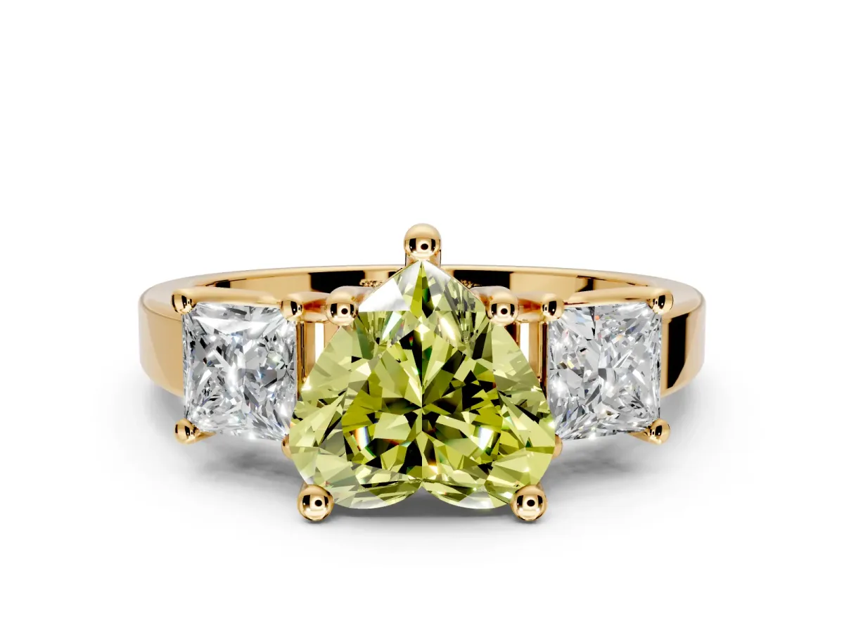 3 Stone Engagement Ring Setting for Fancy Yellow Heart-Shaped Center with Matching Side Accents and Prong Head in Yellow Gold