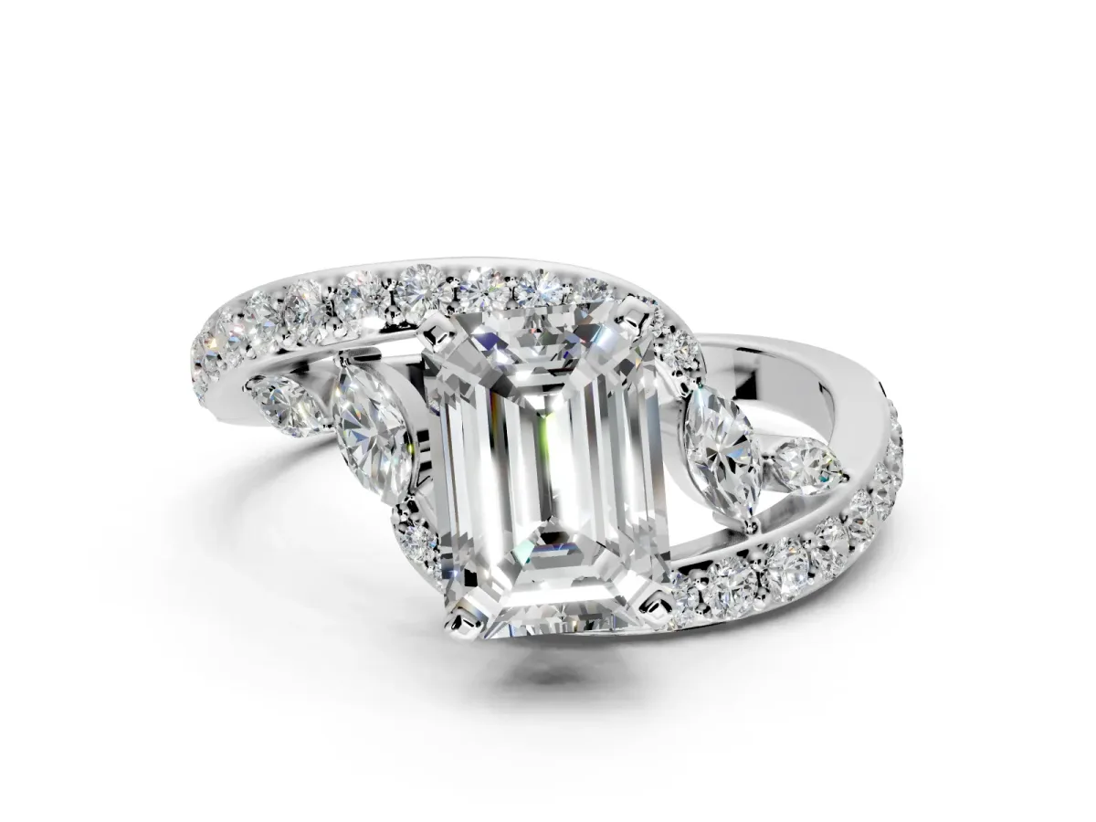 Solitaire Engagement Ring Setting for Emerald Cut Center with Pave Bypass Twist Band and Prong Head in White Gold