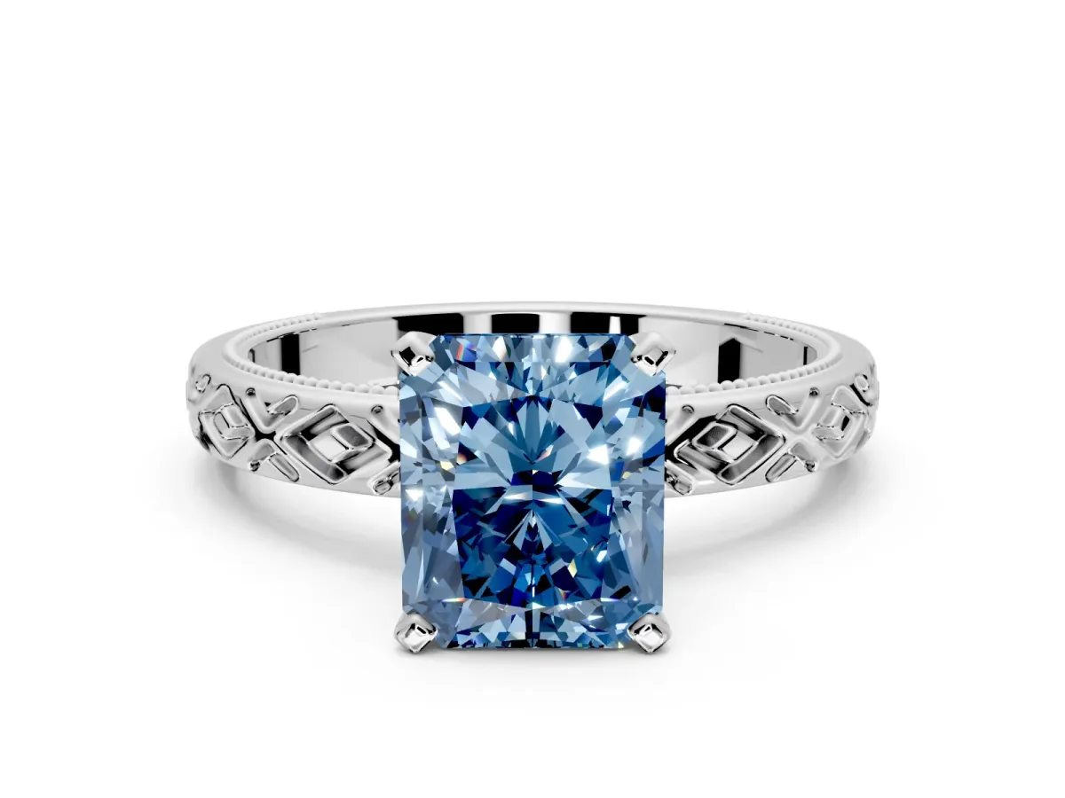 Solitaire Engagement Ring Setting for Fancy Blue Radiant Cut Center with Milgrain X Pattern Band and Prong Head in Platinum
