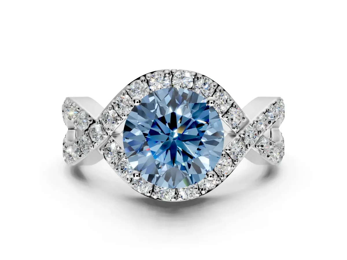 Halo Engagement Ring Setting for Fancy Blue Round Cut Center with Pave Infinity Twist Band and Prong Head in Platinum