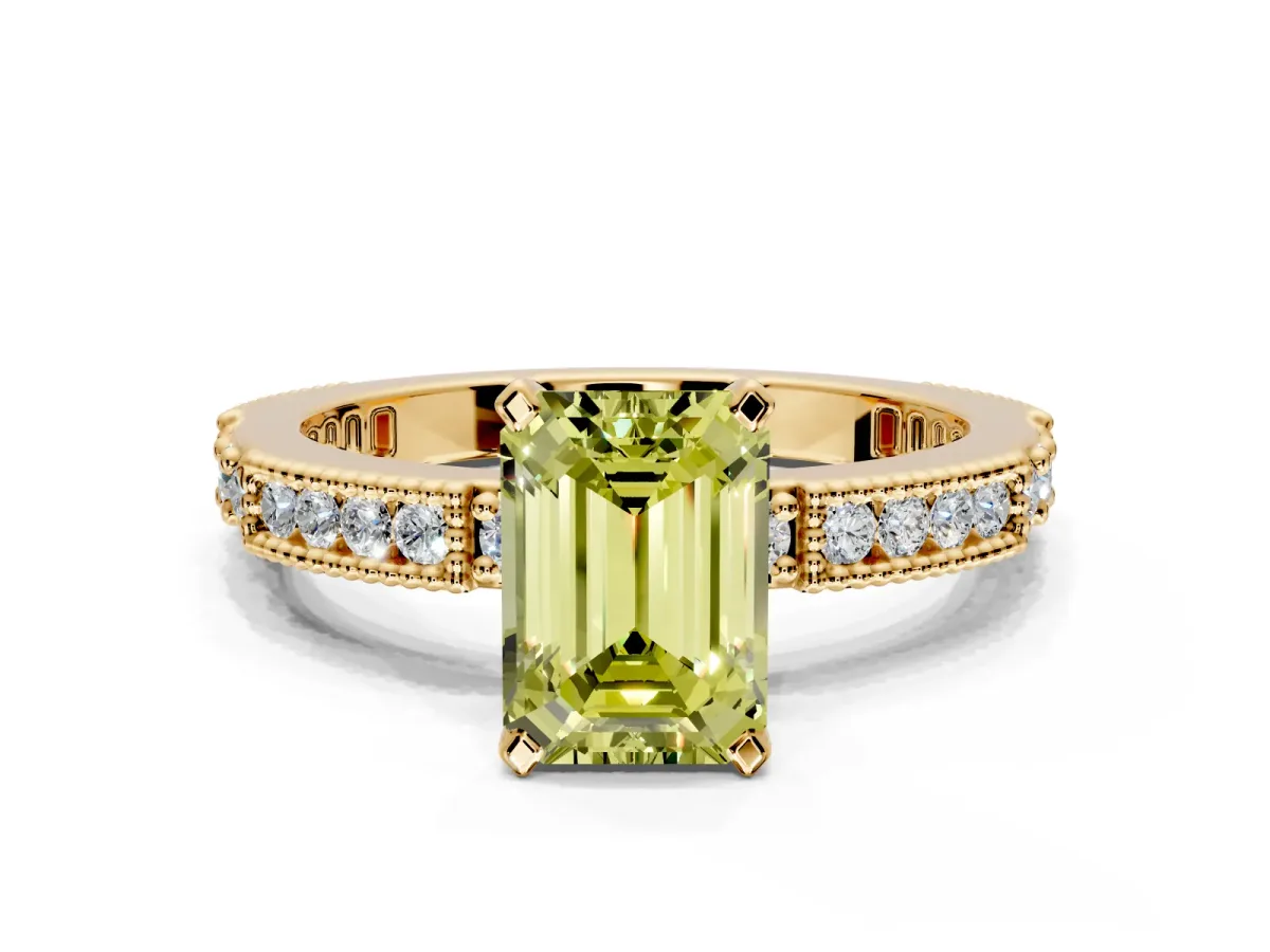Solitaire Engagement Ring Setting for Fancy Yellow Emerald Cut Center with Milgrain-Edged Pave Band and Prong Head in Yellow Gold