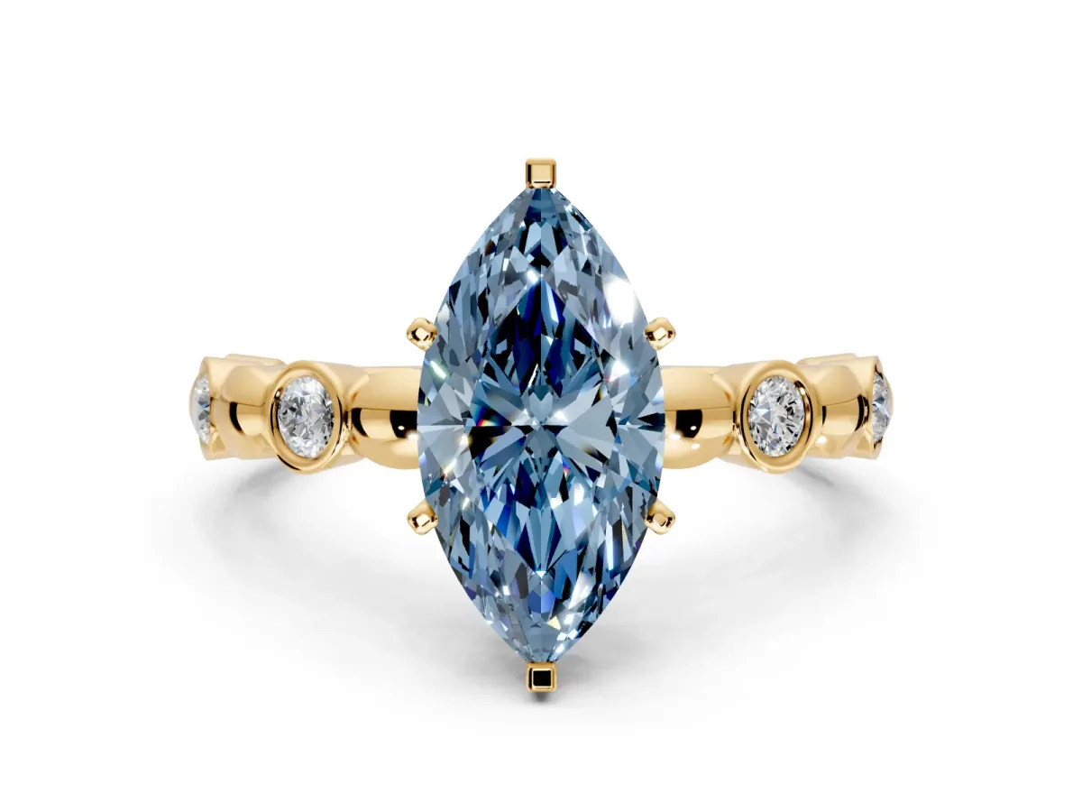 Solitaire Engagement Ring Setting for Fancy Blue Marquise Center with Beaded Bezel Station Band and Prong Head in Yellow Gold