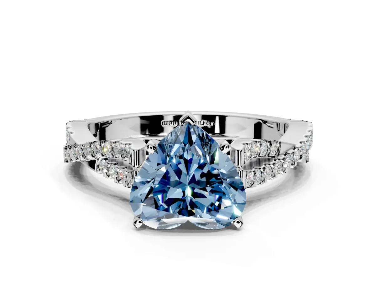 Solitaire Engagement Ring Setting for Fancy Blue Heart-Shaped Center with Twisted Pave Split Shank and Prong Head in Sterling Silver