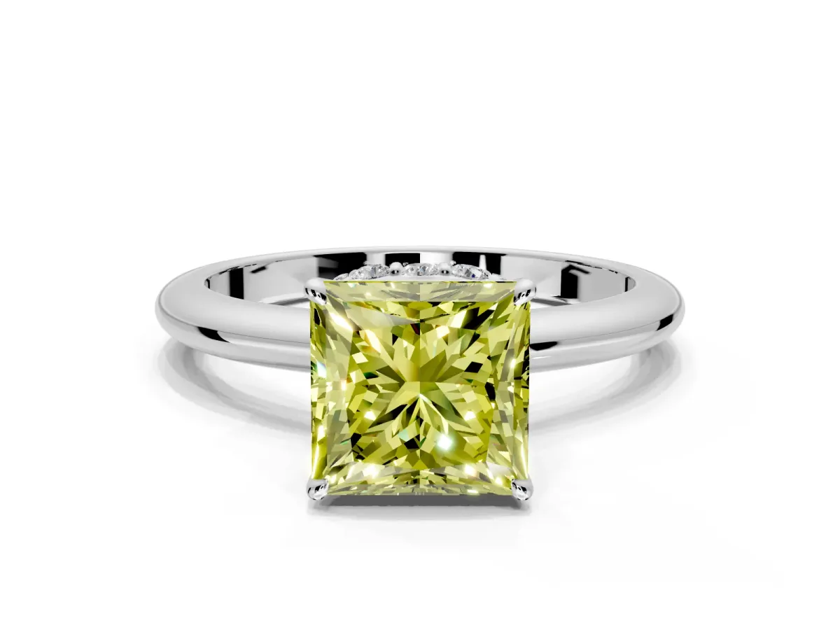 Hidden Halo Engagement Ring Setting for Fancy Yellow Princess Cut Center with Plain Rounded Band and Prong Head in Platinum