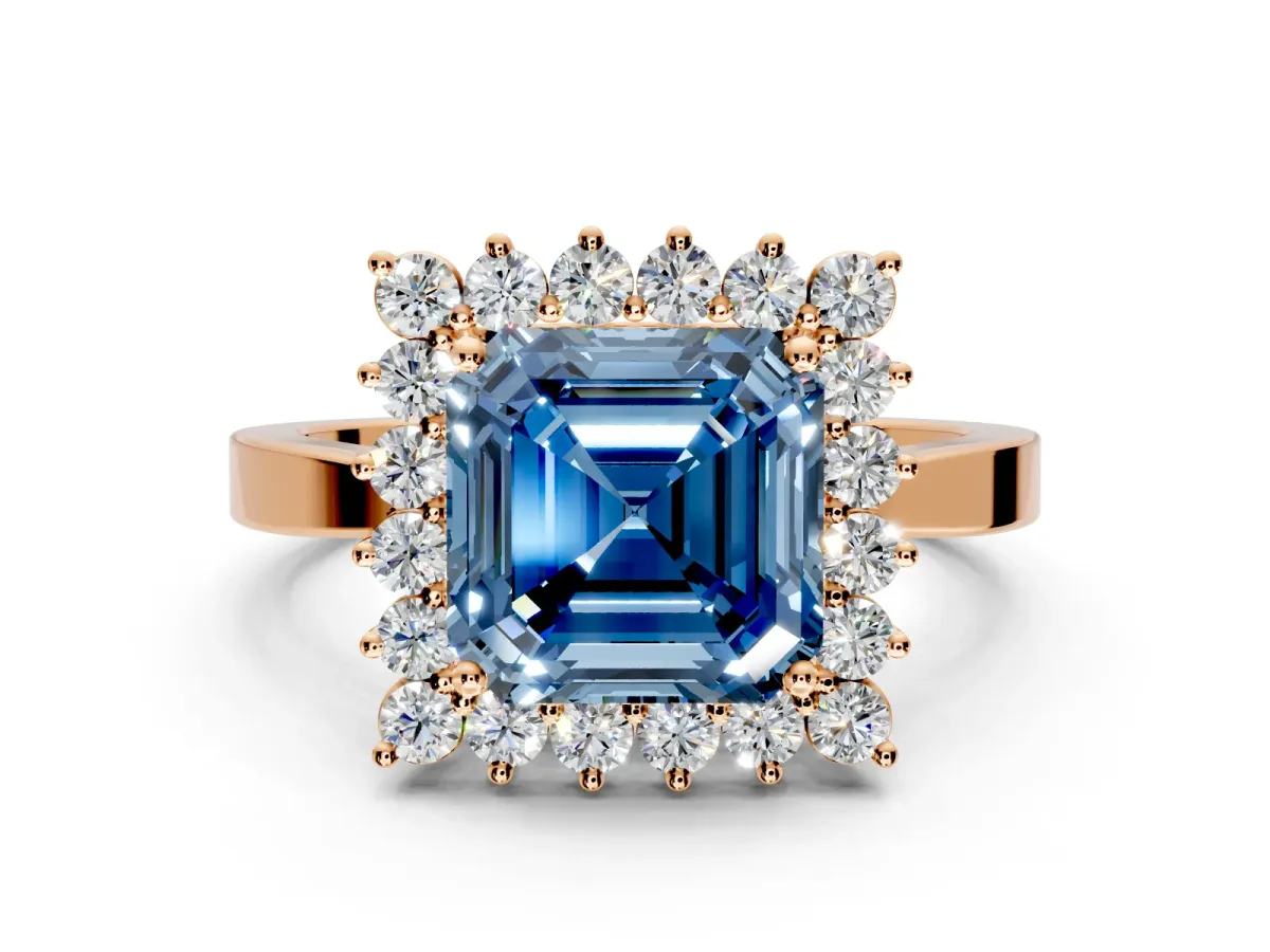 Starburst Halo Engagement Ring Setting for Fancy Blue Asscher Cut Center with Flat Cathedral Band and Prong Head in Rose Gold