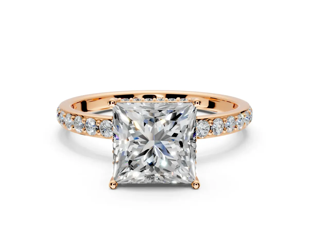 Hidden Halo Engagement Ring Setting for Princess Cut Center with Pave Band and Prong Head in Rose Gold