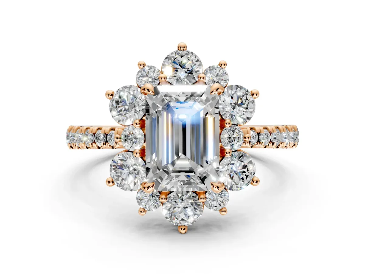 Floral Halo Engagement Ring Setting for Emerald Cut Center with Pave Accents and Prong Head in Rose Gold