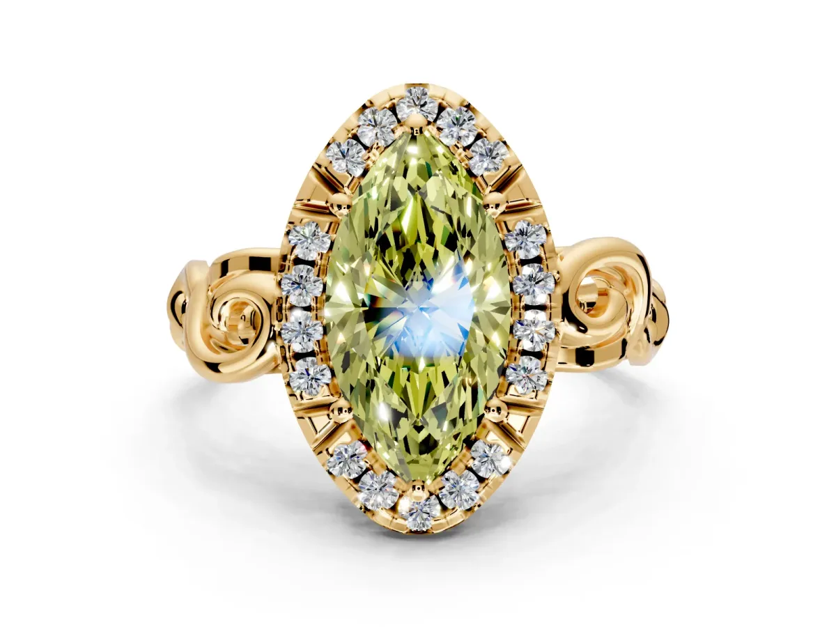 Halo Engagement Ring Setting for Fancy Yellow Marquise Center with Open Scroll Shoulders and Prong Head in Yellow Gold