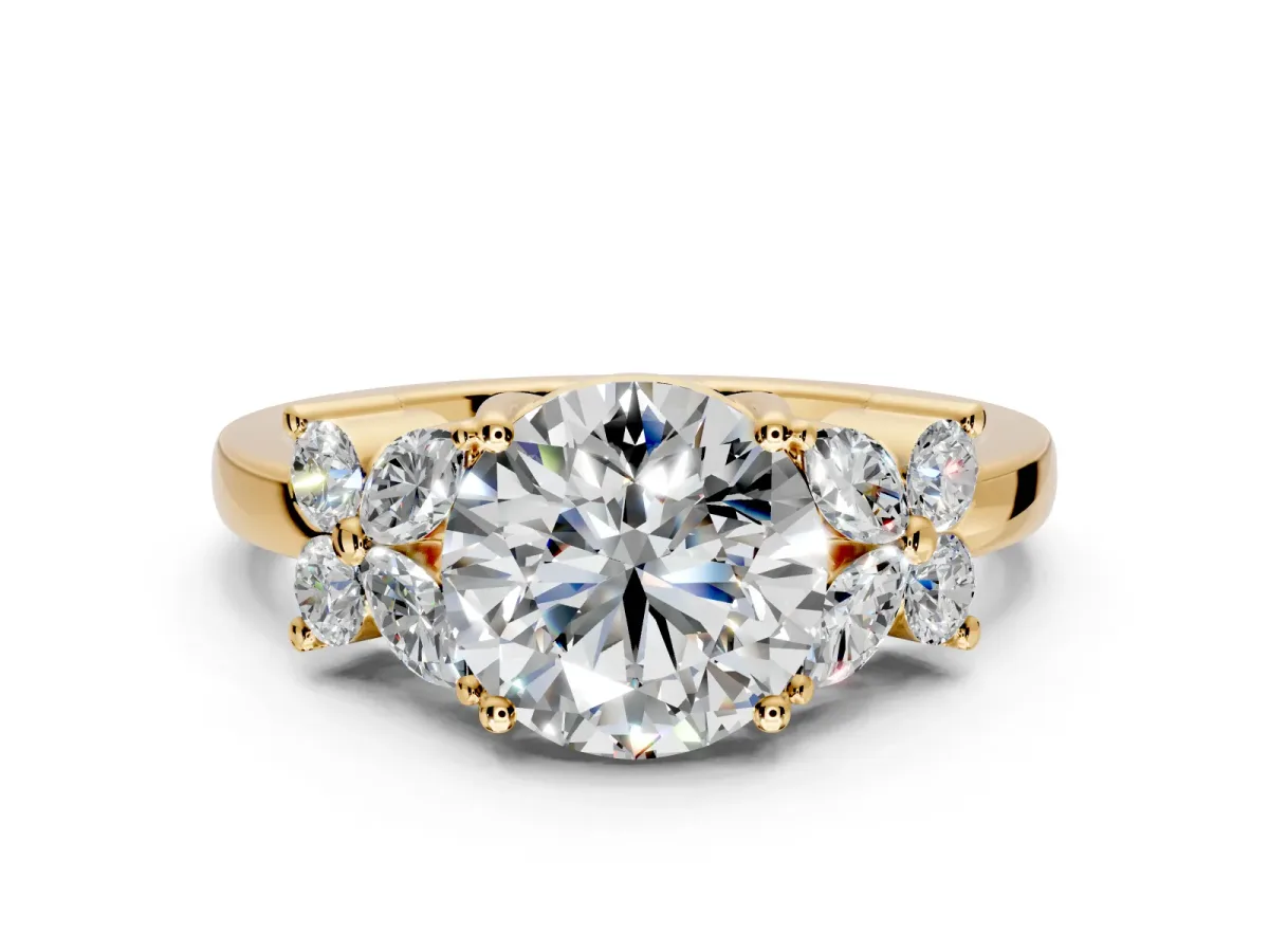 Floral Engagement Ring Setting for Round Cut Center with Marquise Cluster Shoulders and Prong Head in Yellow Gold