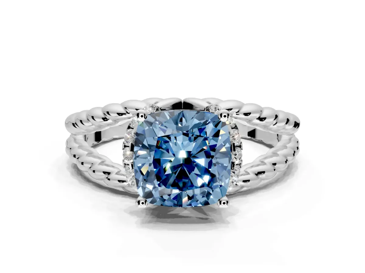 Halo Engagement Ring Setting for Fancy Blue Cushion Cut Center with Rope Twist Split Shank and Prong Head in Platinum