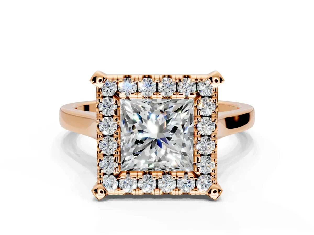 Single Halo Engagement Ring Setting for Princess Cut Center with Corner Claws, Plain Band and Prong Head in Rose Gold