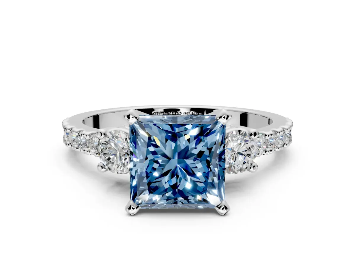 3 Stone Engagement Ring Setting for Fancy Blue Princess Cut Center with Round Cut Side Accents and Prong Head in White Gold
